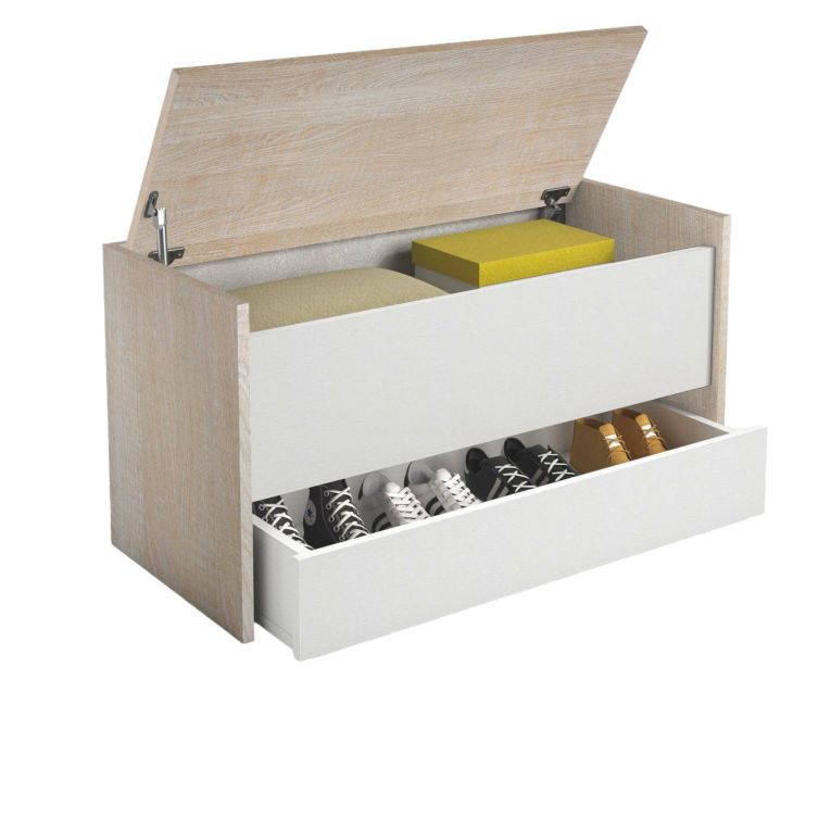 Cassapanca salvaspazio in legno 90x40x46h cm bianca e rovere - Sogno