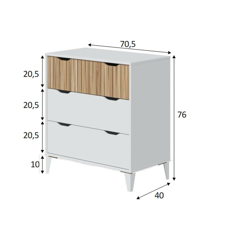 Cassettiera 3 cassetti bianca e rovere 70x76h cm - Archi