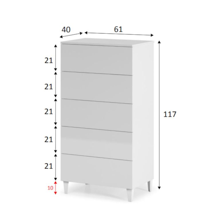 Cassettiera 5 cassetti bianca 61x117h cm - Aaron