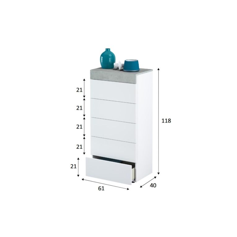 Cassettiera 5 cassetti bianca 61x118h cm - Armo