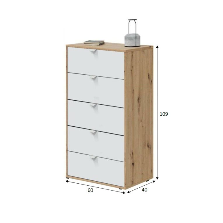 Cassettiera 5 cassetti legno bianca 60x109h cm - Praha