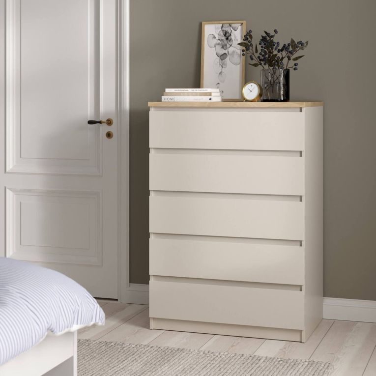 Cassettiera Beige 5 Cassetti Apertura Scorrevole 77x50x111h cm, Chiusura Scorrevole - Ansel