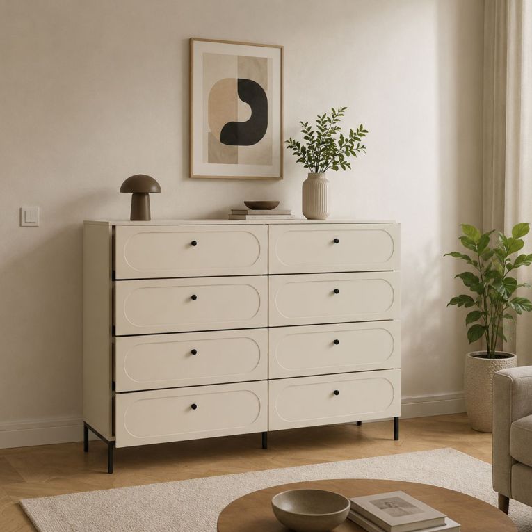 Cassettiera Beige Cashmere 4 Cassetti Apertura Scorrevole 150x40x116h cm, Chiusura Soft Close - Laniva