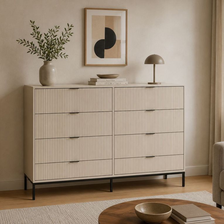 Cassettiera Beige Cashmere 8 Cassetti Apertura Scorrevole 150x40x116h cm, Chiusura Soft Close - Lamila