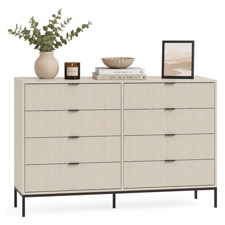 Cassettiera Beige Cashmere 8 Cassetti Apertura Scorrevole 150x40x116h cm, Chiusura Soft Close - Lamila