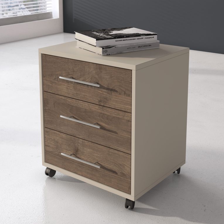 Cassettiera Beige Marrone Noce 3 Cassetti con Ruote 43x40x57h cm, Apertura Scorrevole - Pisano