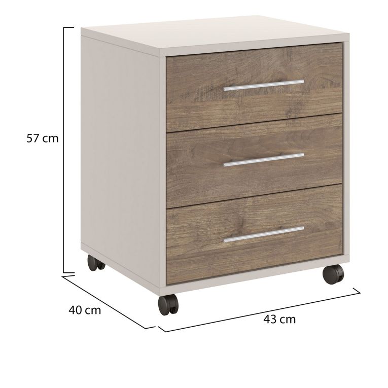 Cassettiera Beige Marrone Noce 3 Cassetti con Ruote 43x40x57h cm, Apertura Scorrevole - Pisano
