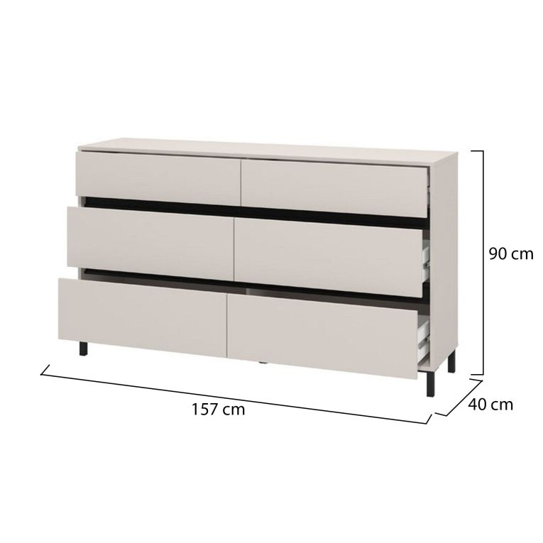 Cassettiera Beige Nero 6 Cassetti Apertura Scorrevole 157x40x90h cm, Chiusura Scorrevole - Mapello