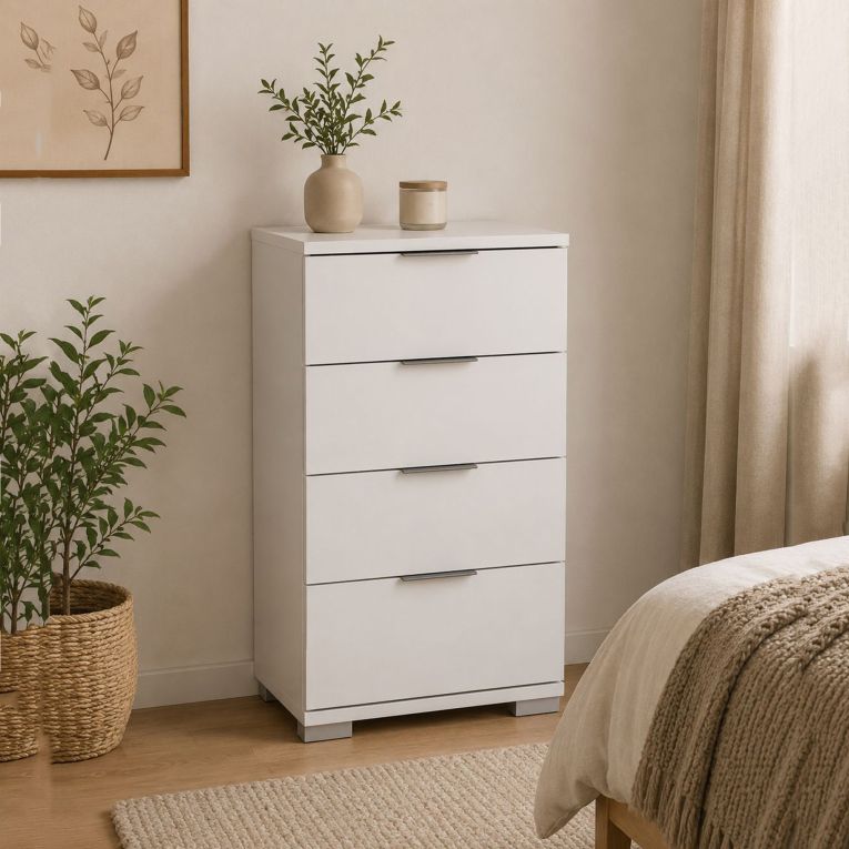 Cassettiera Bianco 4 Cassetti Apertura Scorrevole 46x42x79h cm, Chiusura Scorrevole - Laka