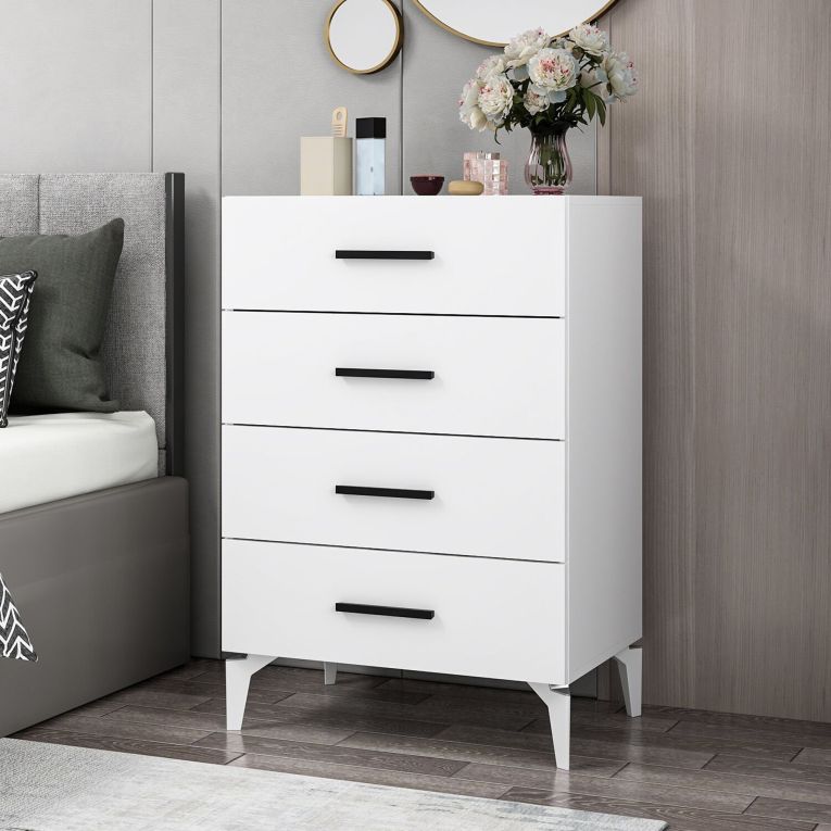 Cassettiera Bianco 4 Cassetti Apertura Scorrevole 72x47x106h cm, Chiusura Scorrevole - Lornar
