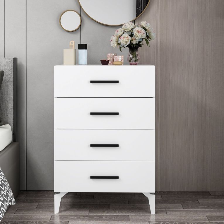 Cassettiera Bianco 4 Cassetti Apertura Scorrevole 72x47x106h cm, Chiusura Scorrevole - Lornar
