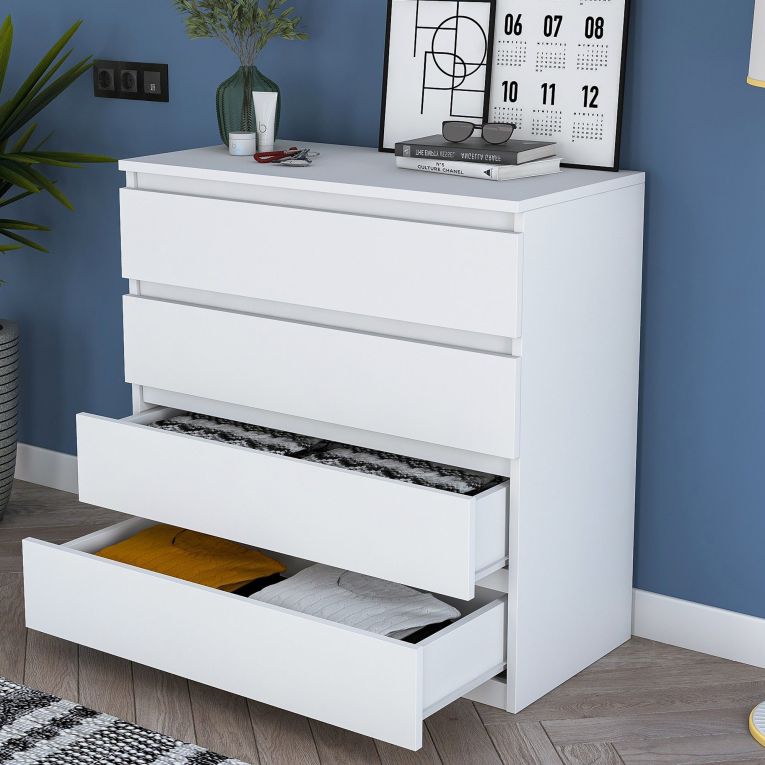 Cassettiera Bianco 4 Cassetti Apertura Scorrevole 80x47x98h cm, Chiusura Scorrevole - Gorle