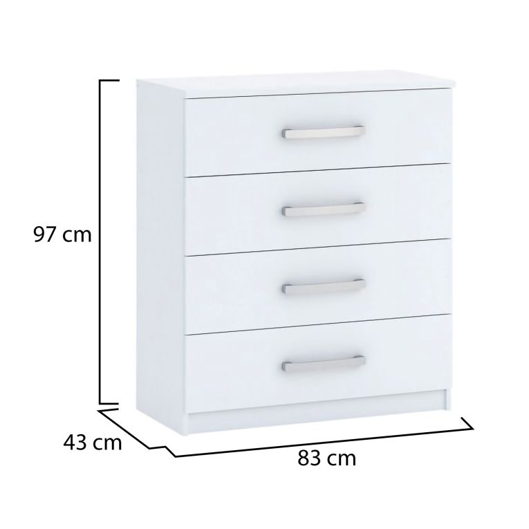 Cassettiera Bianco 4 Cassetti Apertura Scorrevole 83x43x97h cm, Chiusura Scorrevole - Laga