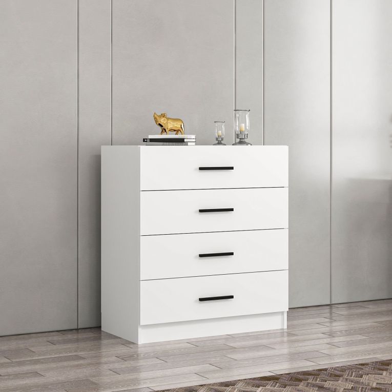 Cassettiera Bianco 4 Cassetti Apertura Scorrevole 90x47x100h cm, Chiusura Scorrevole - Lierna