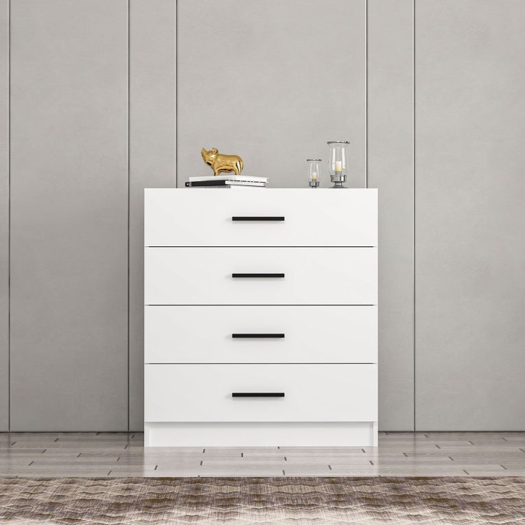 Cassettiera Bianco 4 Cassetti Apertura Scorrevole 90x47x100h cm, Chiusura Scorrevole - Lierna