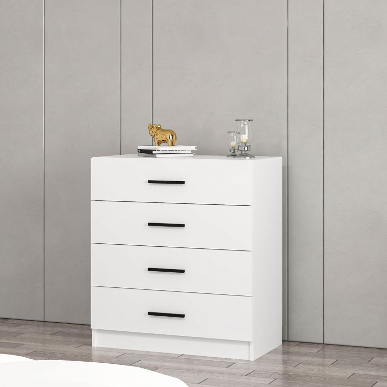 Cassettiera Bianco 4 Cassetti Apertura Scorrevole 90x47x100h cm, Chiusura Scorrevole - Lierna