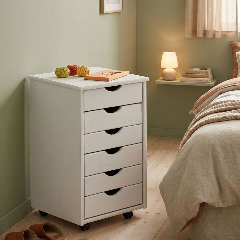 Cassettiera Bianco 6 Cassetti Apertura Scorrevole 36x40x65h cm, Chiusura Scorrevole - Oyace