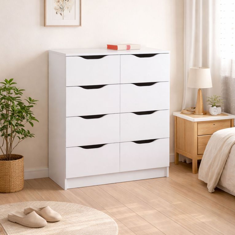 Cassettiera Bianco 8 Cassetti Apertura Scorrevole 80x40x91h cm, Chiusura Scorrevole - Ponzone