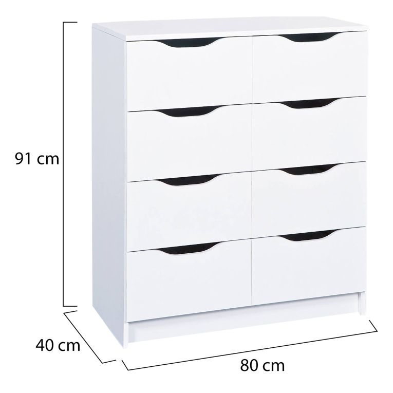 Cassettiera Bianco 8 Cassetti Apertura Scorrevole 80x40x91h cm, Chiusura Scorrevole - Ponzone