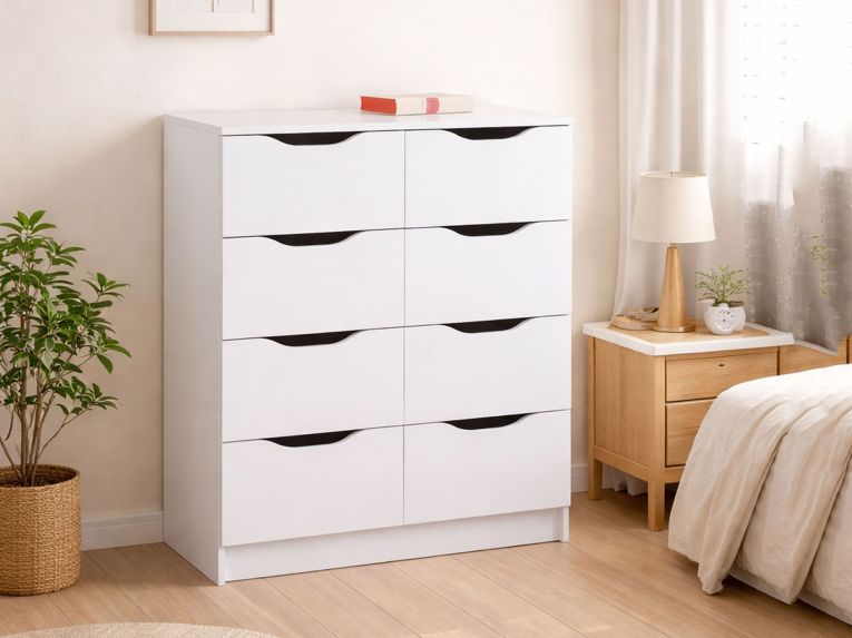 Cassettiera Bianco 8 Cassetti Apertura Scorrevole 80x40x91h cm, Chiusura Scorrevole - Ponzone