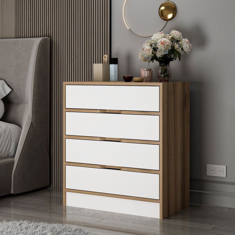 Cassettiera Bianco Marrone Noce 4 Cassetti Apertura Scorrevole 70x40x80h cm, Chiusura Scorrevole - Lallio
