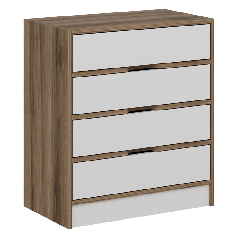 Cassettiera Bianco Marrone Noce 4 Cassetti Apertura Scorrevole 70x40x80h cm, Chiusura Scorrevole - Lallio