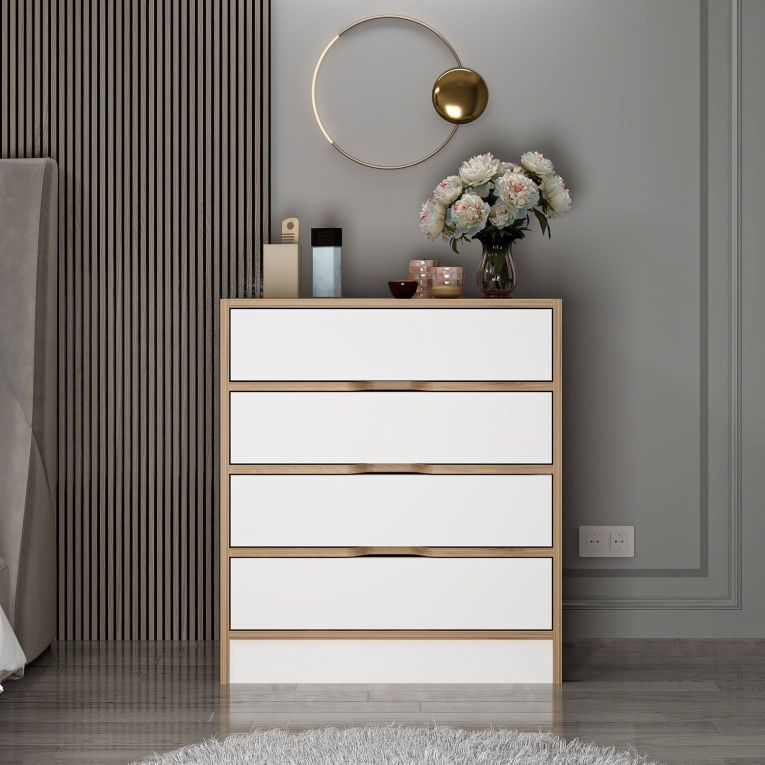 Cassettiera Bianco Marrone Noce 4 Cassetti Apertura Scorrevole 70x40x80h cm, Chiusura Scorrevole - Lallio