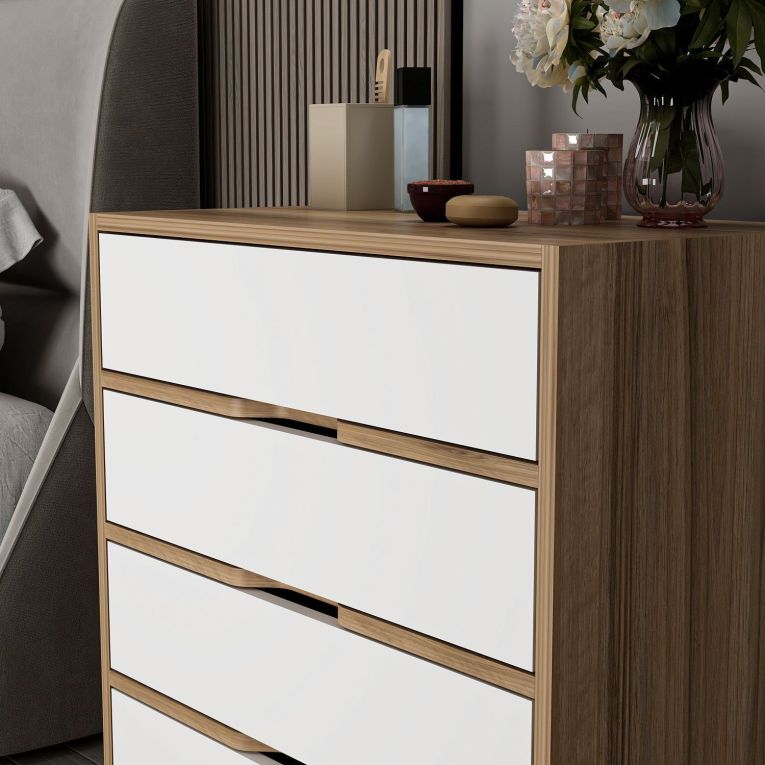 Cassettiera Bianco Marrone Noce 4 Cassetti Apertura Scorrevole 70x40x80h cm, Chiusura Scorrevole - Lallio