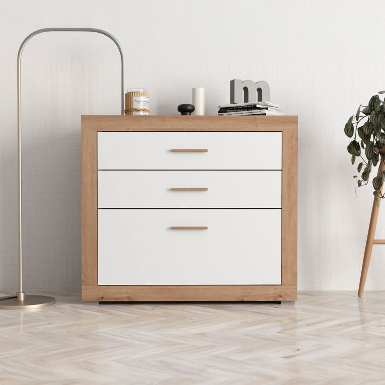 Cassettiera Bianco Marrone Rovere 3 Cassetti con Piedini 90x35x79h cm, Apertura Scorrevole - Hampi