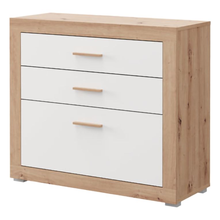 Cassettiera Bianco Marrone Rovere 3 Cassetti con Piedini 90x35x79h cm, Apertura Scorrevole - Hampi