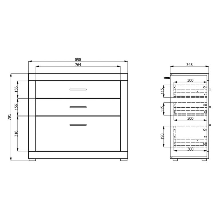 Cassettiera Bianco Marrone Rovere 3 Cassetti con Piedini 90x35x79h cm, Apertura Scorrevole - Hampi