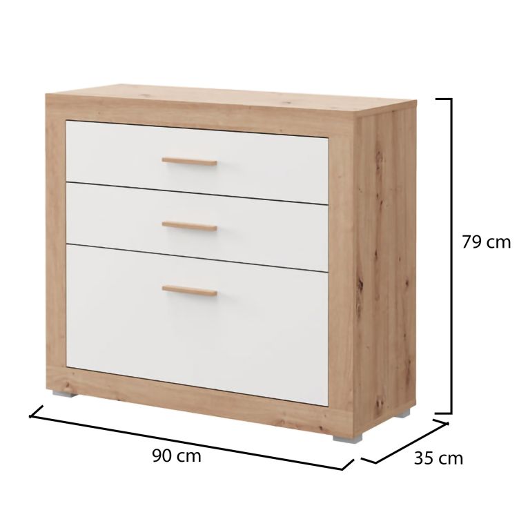 Cassettiera Bianco Marrone Rovere 3 Cassetti con Piedini 90x35x79h cm, Apertura Scorrevole - Hampi
