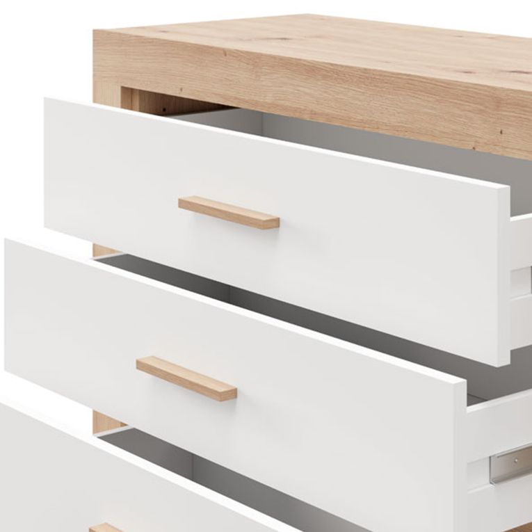 Cassettiera Bianco Marrone Rovere 3 Cassetti con Piedini 90x35x79h cm, Apertura Scorrevole - Hampi