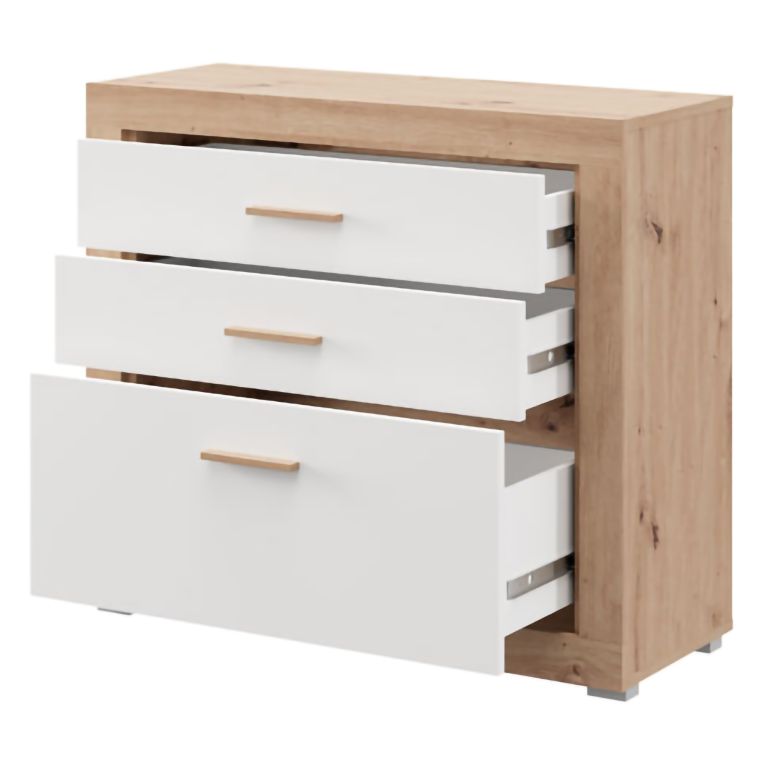 Cassettiera Bianco Marrone Rovere 3 Cassetti con Piedini 90x35x79h cm, Apertura Scorrevole - Hampi