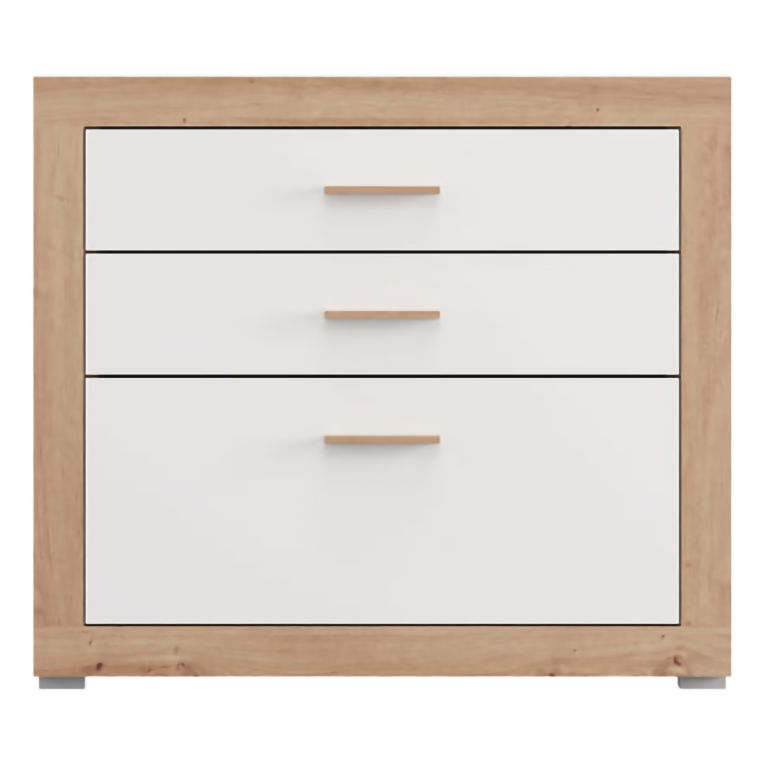 Cassettiera Bianco Marrone Rovere 3 Cassetti con Piedini 90x35x79h cm, Apertura Scorrevole - Hampi