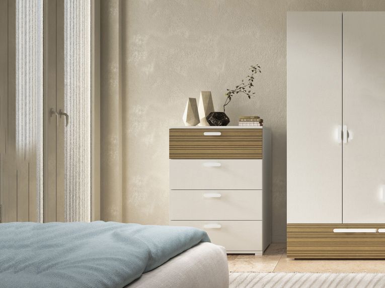 Cassettiera Bianco Marrone Rovere 4 Cassetti Apertura Scorrevole 70x39x98h cm, Chiusura Scorrevole - Salimbene