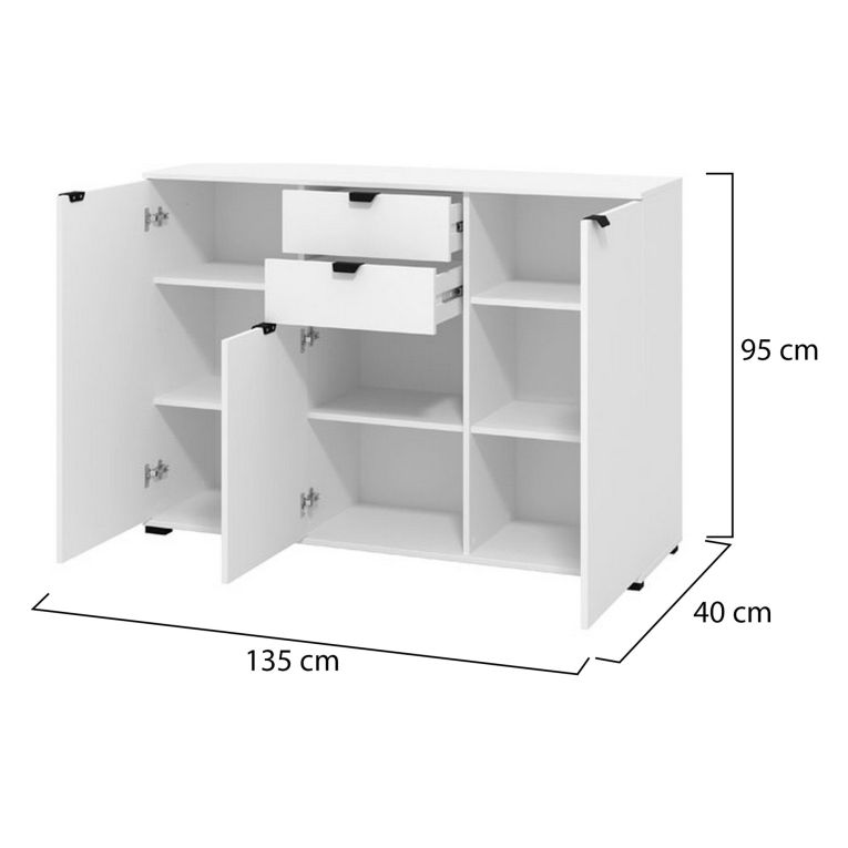 Cassettiera Bianco Nero 2 Cassetti Apertura Battente, Scorrevole 135x40x95h cm, Chiusura Battente, Scorrevole - Mainarda