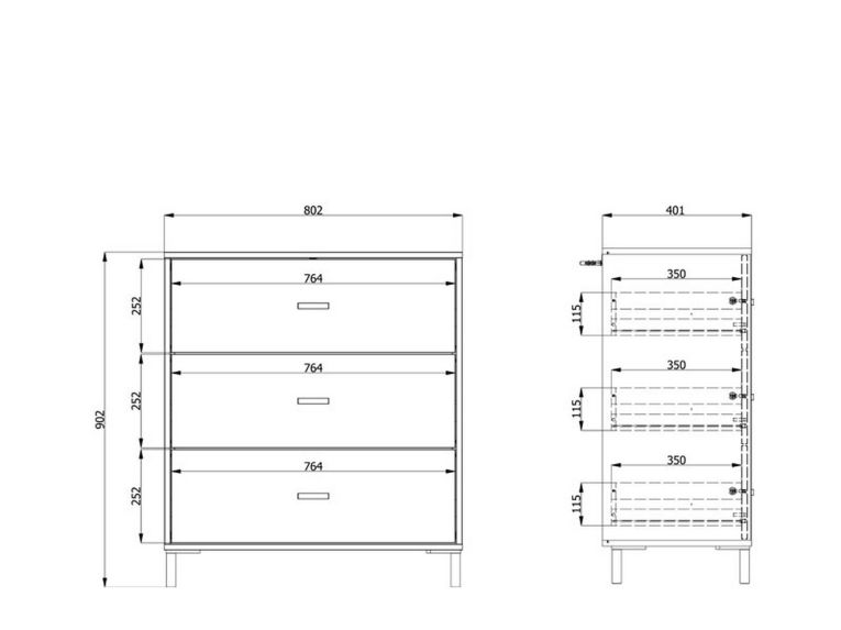 Cassettiera Bianco Nero 3 Cassetti Apertura Scorrevole 80x40x90h cm, Chiusura Scorrevole - Portio