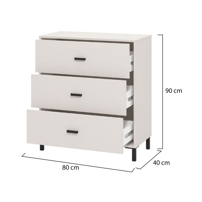 Cassettiera Bianco Nero 3 Cassetti Apertura Scorrevole 80x40x90h cm, Chiusura Scorrevole - Portio