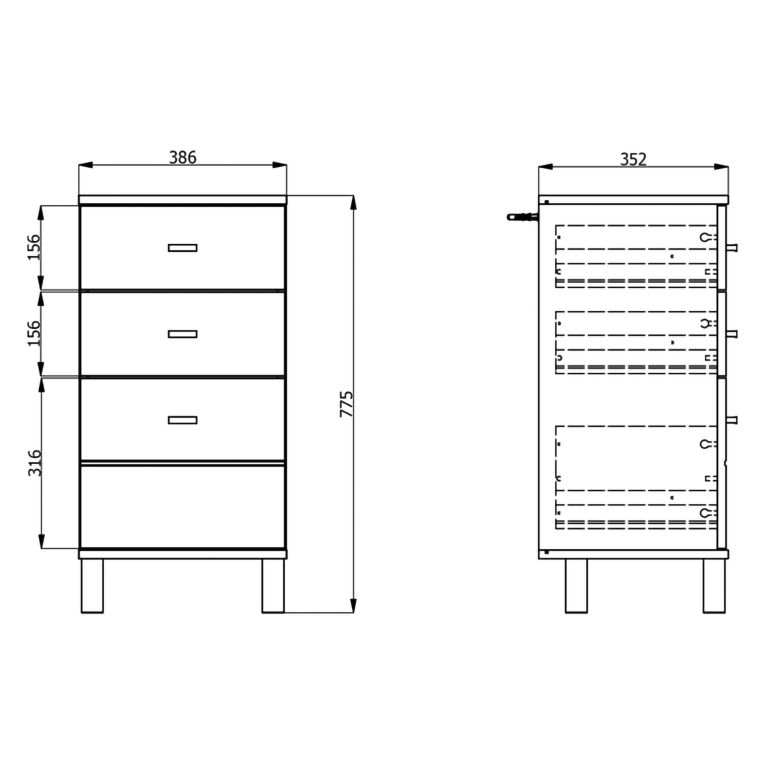 Cassettiera Bianco Nero 3 Cassetti con Piedini 39x35x78h cm, Apertura Scorrevole - Vilcab