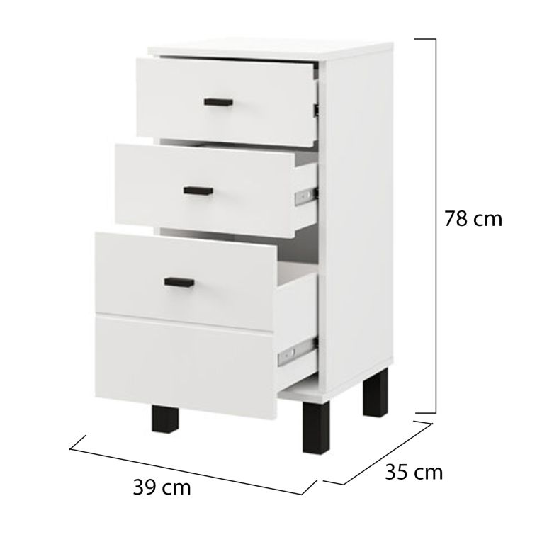 Cassettiera Bianco Nero 3 Cassetti con Piedini 39x35x78h cm, Apertura Scorrevole - Vilcab