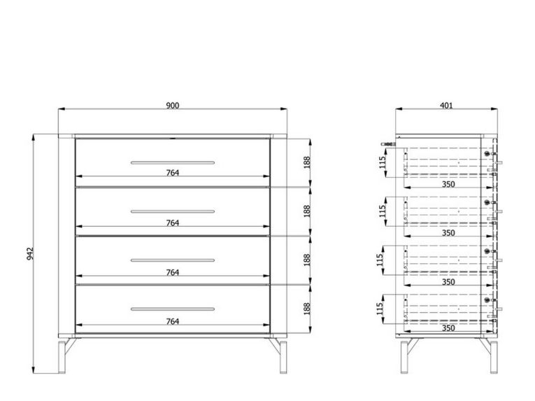 Cassettiera Bianco Nero 4 Cassetti Apertura Scorrevole 90x40x94h cm, Chiusura Scorrevole - Mogoro