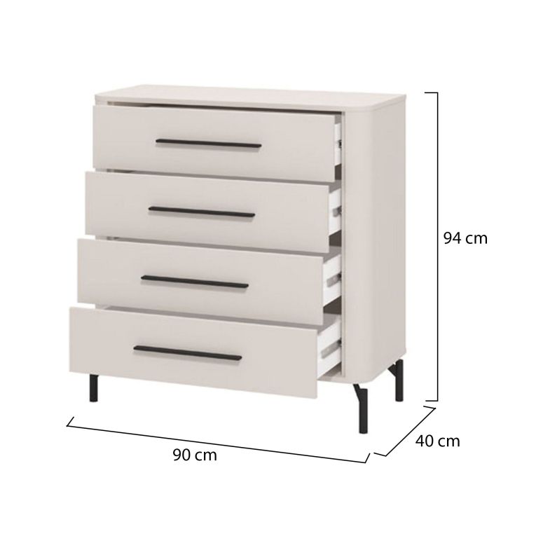 Cassettiera Bianco Nero 4 Cassetti Apertura Scorrevole 90x40x94h cm, Chiusura Scorrevole - Mogoro