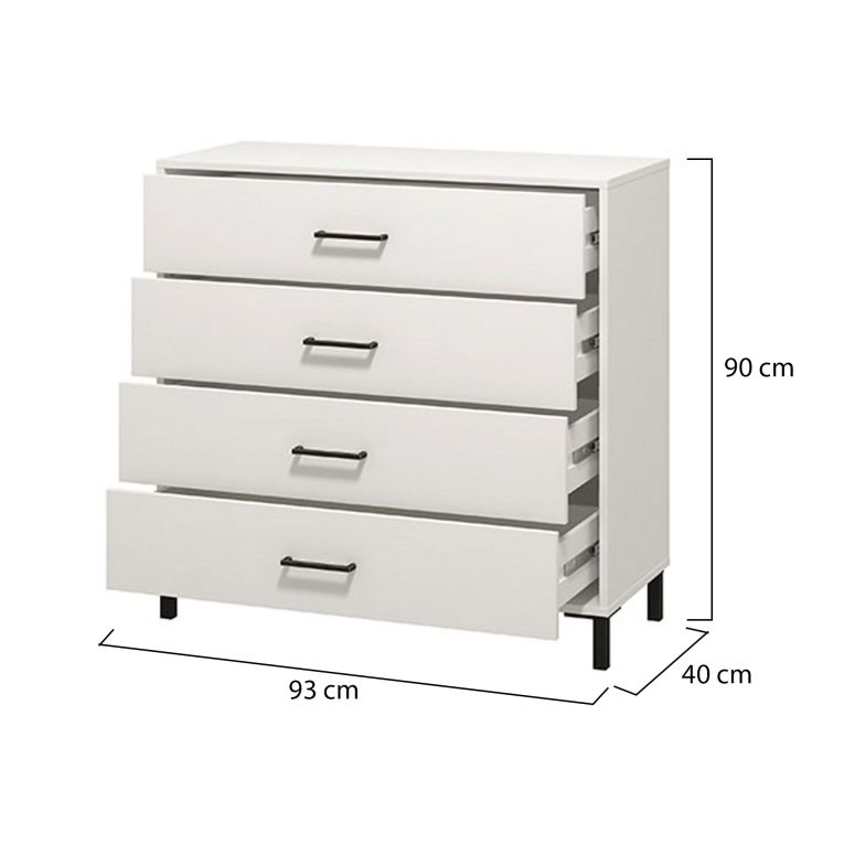 Cassettiera Bianco Nero 4 Cassetti Apertura Scorrevole 93x40x90h cm, Chiusura Scorrevole - Vidor