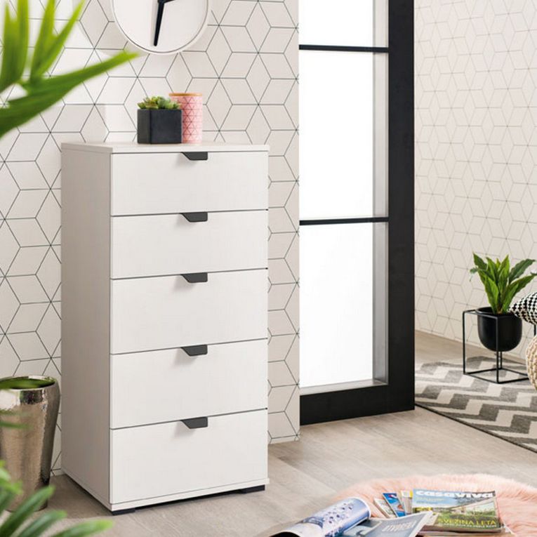 Cassettiera Bianco Nero 5 Cassetti Apertura Scorrevole 45x40x95h cm, Chiusura Scorrevole - Mainarda