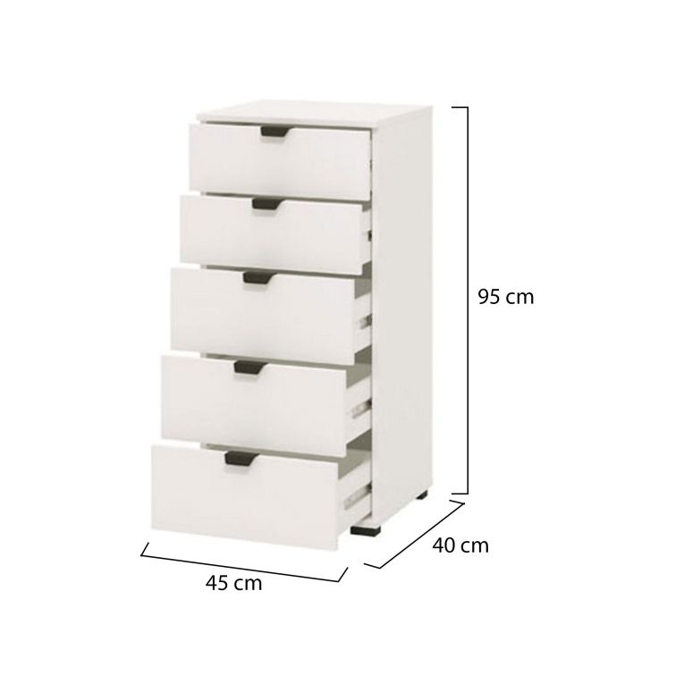 Cassettiera Bianco Nero 5 Cassetti Apertura Scorrevole 45x40x95h cm, Chiusura Scorrevole - Mainarda