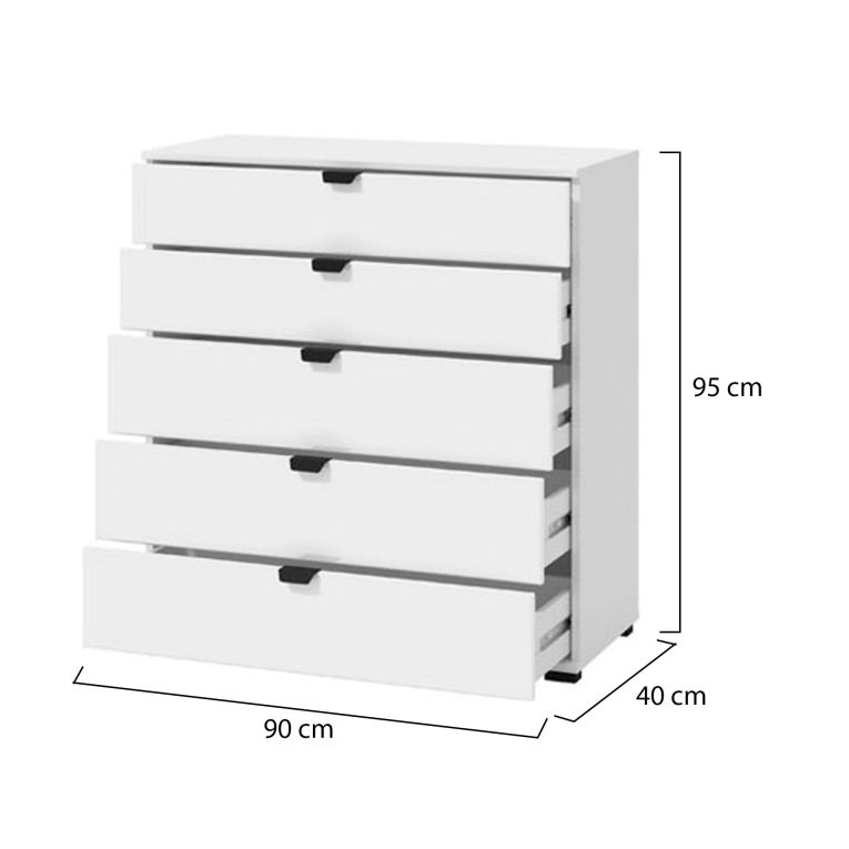 Cassettiera Bianco Nero 5 Cassetti Apertura Scorrevole 90x40x95h cm, Chiusura Scorrevole - Mainarda