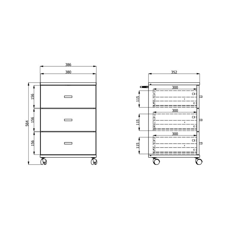 Cassettiera Bianco Opaco Nero 3 Cassetti con Ruote 39x35x56h cm, Apertura Scorrevole - Kaza