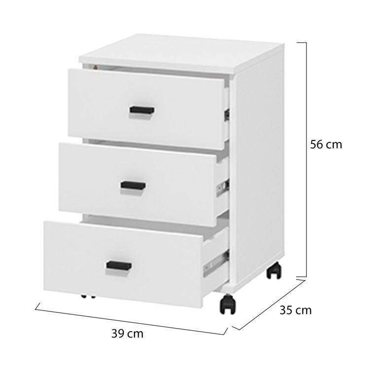 Cassettiera Bianco Opaco Nero 3 Cassetti con Ruote 39x35x56h cm, Apertura Scorrevole - Kaza