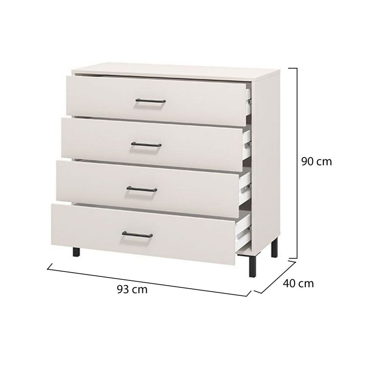 Cassettiera Bianco Panna Nero 4 Cassetti Apertura Scorrevole 93x40x90h cm, Chiusura Scorrevole - Vidor